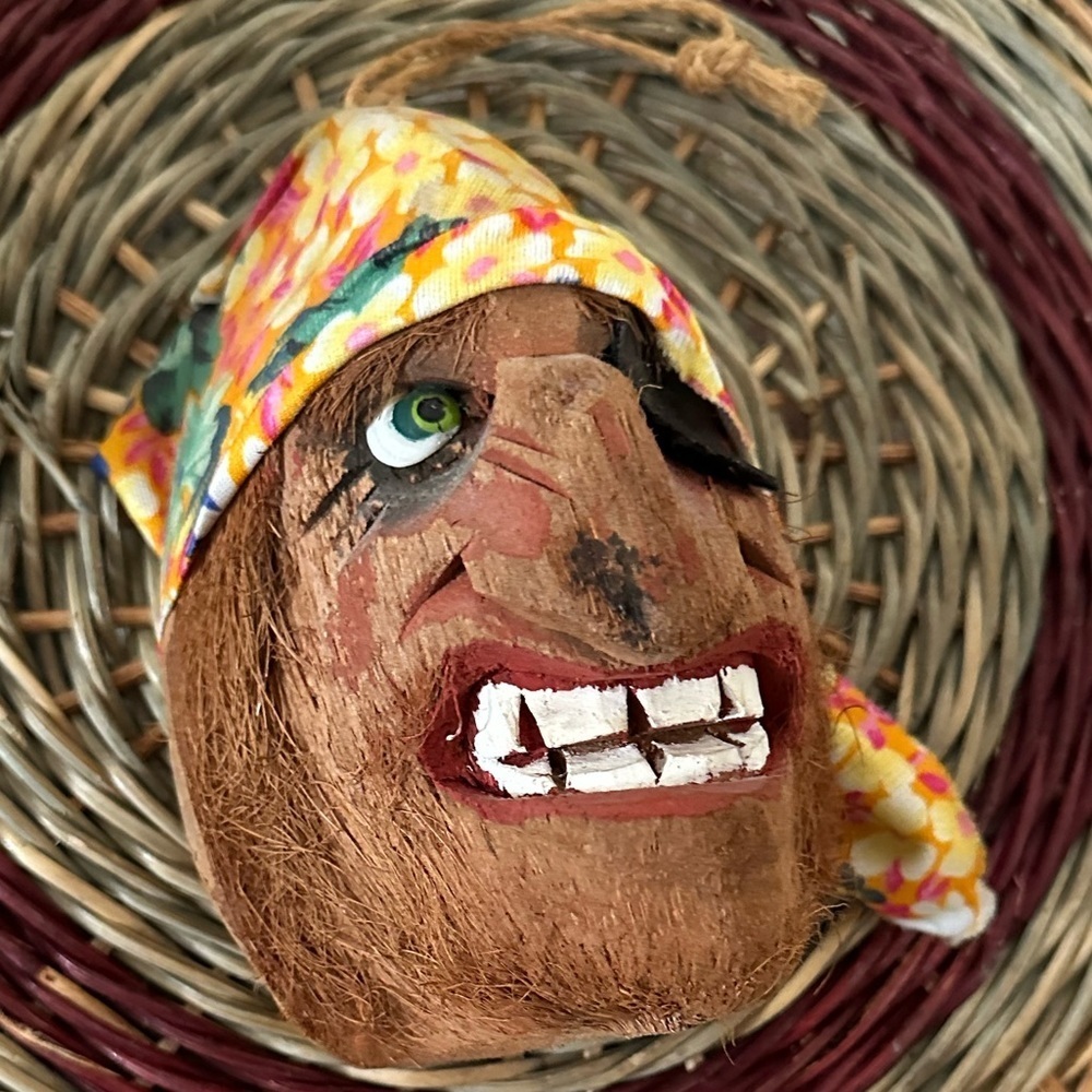 Vintage Handcrafted Coconut Pirate Head Hidden Bank Hanging Wall Art